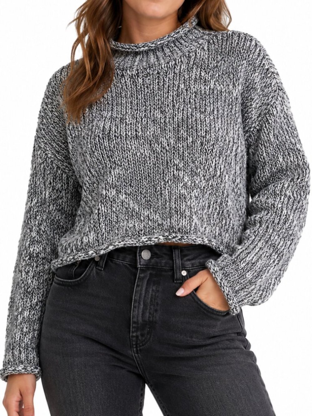 EASYWEAR CLOTHING Vintage Roll Neck Knit Sweater Black White Medium Crop Cabin